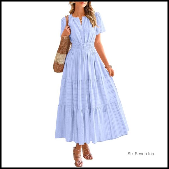 Dresses & Skirts - Lightweight Maxi Dress with Short Sleeves V Neck Elastic Waist Pockets